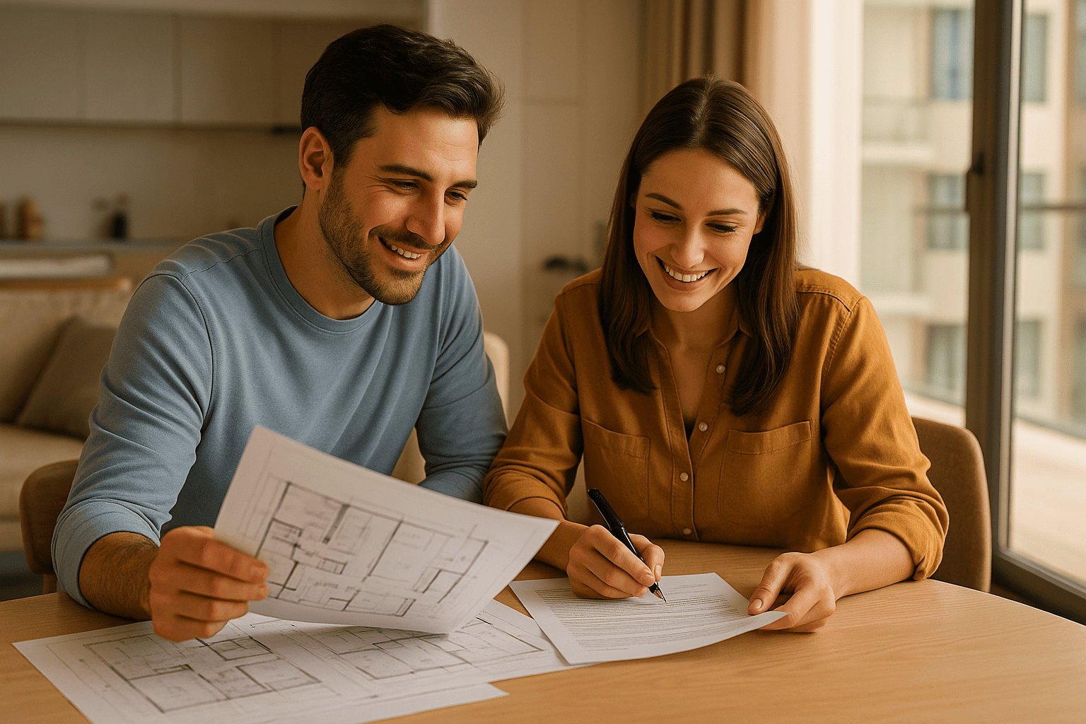 Foto realista de casal de classe média analisando plantas e contrato em mesa clara, apartamento moderno ao fundo, tons quentes, sensação de conquista e planejamento, luz natural lateral, estética editorial clean