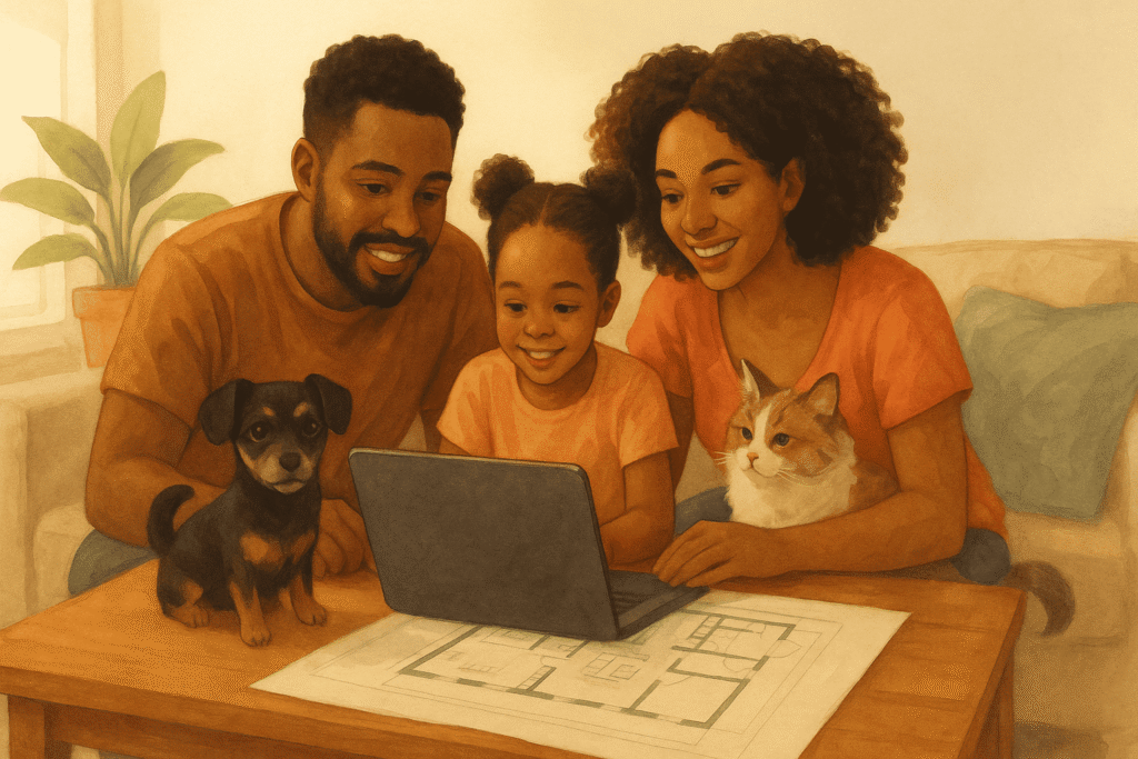 Família jovem analisando simulação de financiamento no notebook ao lado de uma planta baixa; tons claros, ambiente residencial moderno, luz natural, estilo editorial realista; foco em acessibilidade e conquista do primeiro imóvel; sem textos na imagem