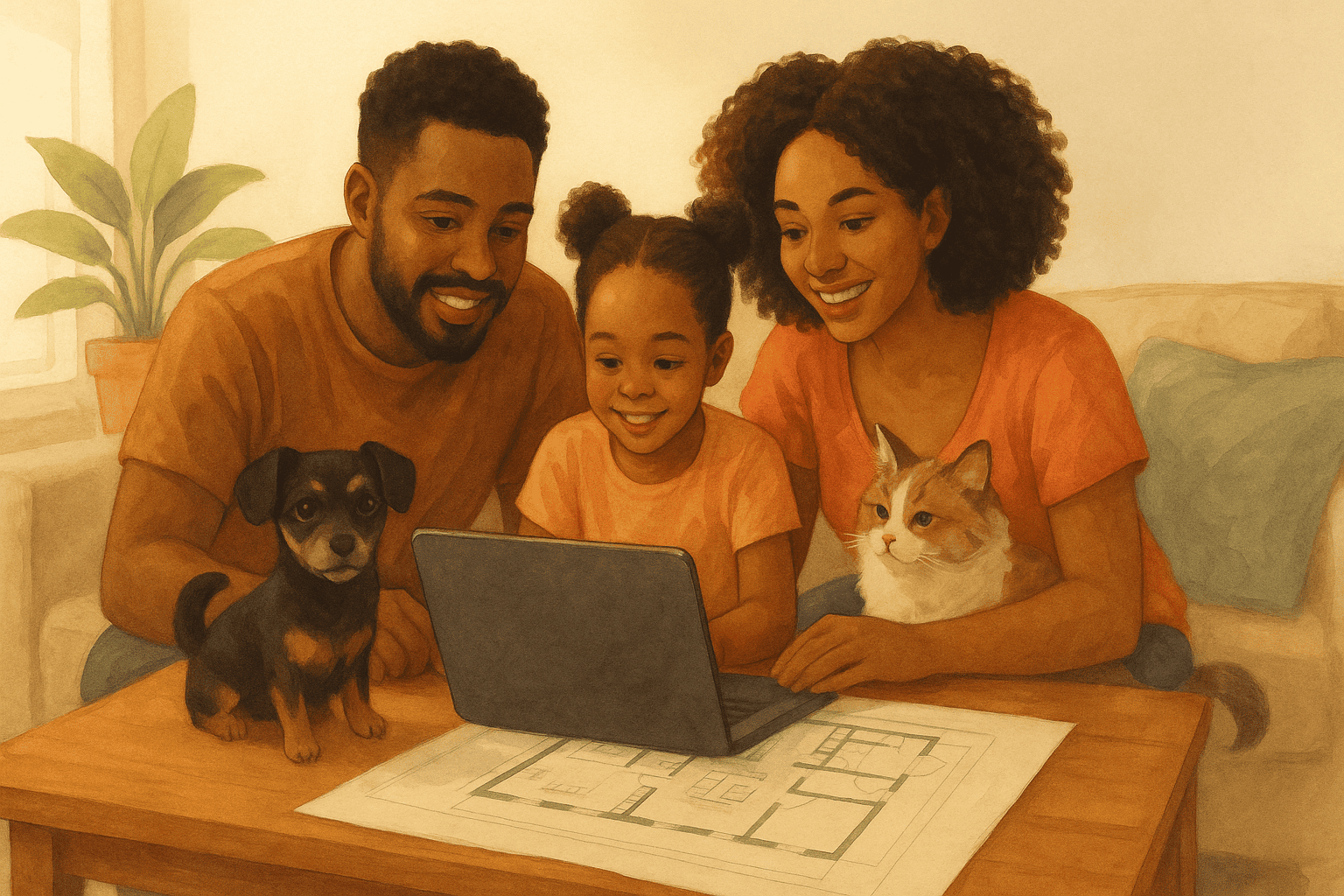 Família jovem analisando simulação de financiamento no notebook ao lado de uma planta baixa; tons claros, ambiente residencial moderno, luz natural, estilo editorial realista; foco em acessibilidade e conquista do primeiro imóvel; sem textos na imagem