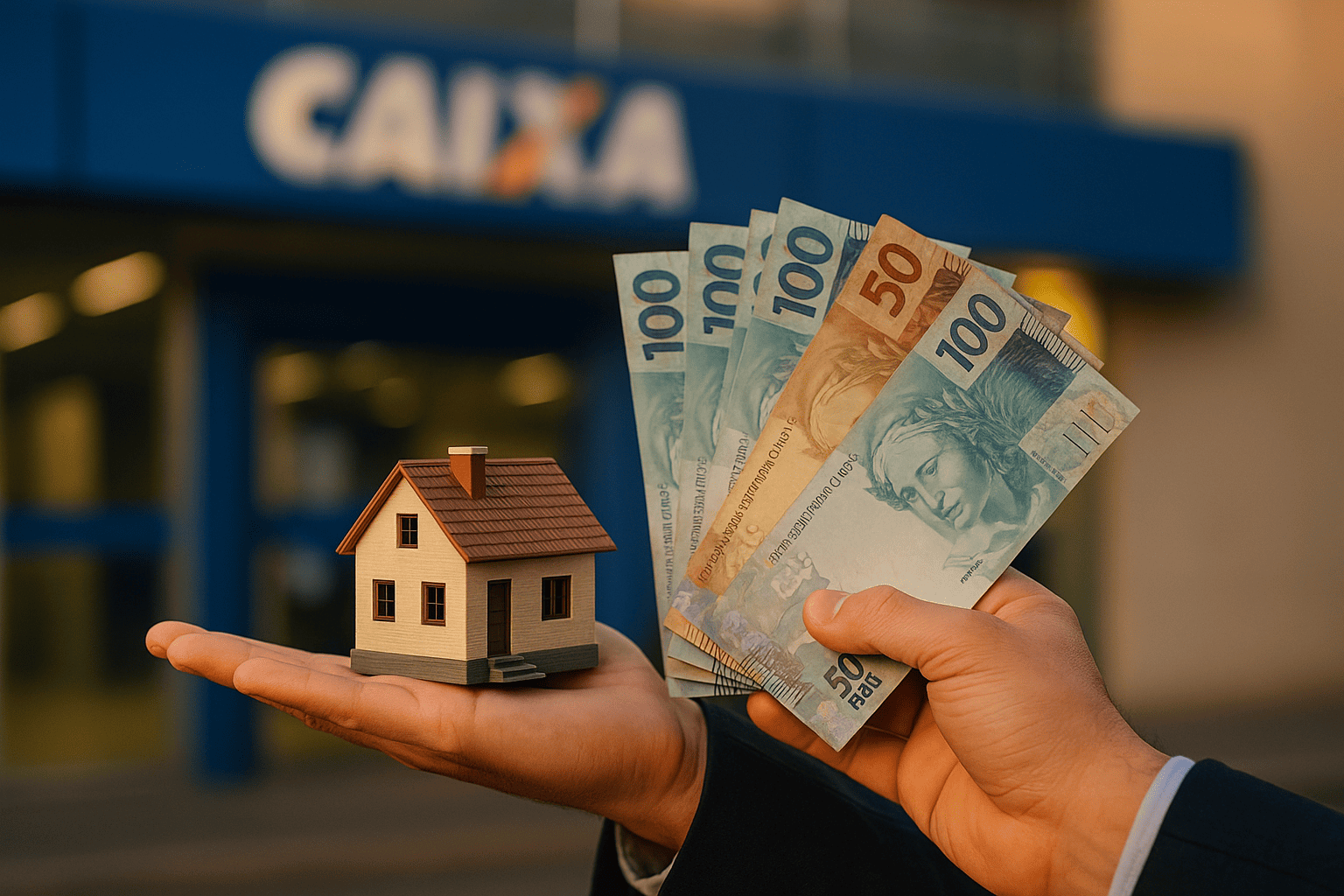 Fachada iluminada de uma agência CAIXA discreta ao fundo; em primeiro plano, mãos segurando miniatura de casa e notas/cédulas de dinheiro brasileiro (notas de 50;100 reais, etc); estilo fotográfico realista, luz suave, paleta em azul e amarelo, composição clean, espaço negativo à direita.