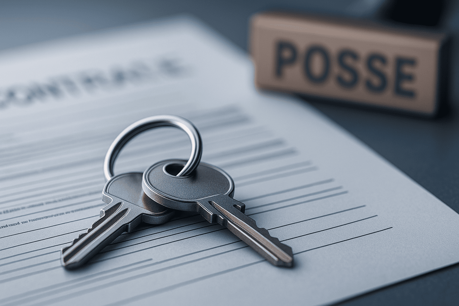 foto realista de chaveiro e maço de chaves sobre contrato imobiliário, carimbo de “posse” ao fundo desfocado, clima profissional, tons azuis e cinza, iluminação suave, composição horizontal, estilo editorial contemporâneo