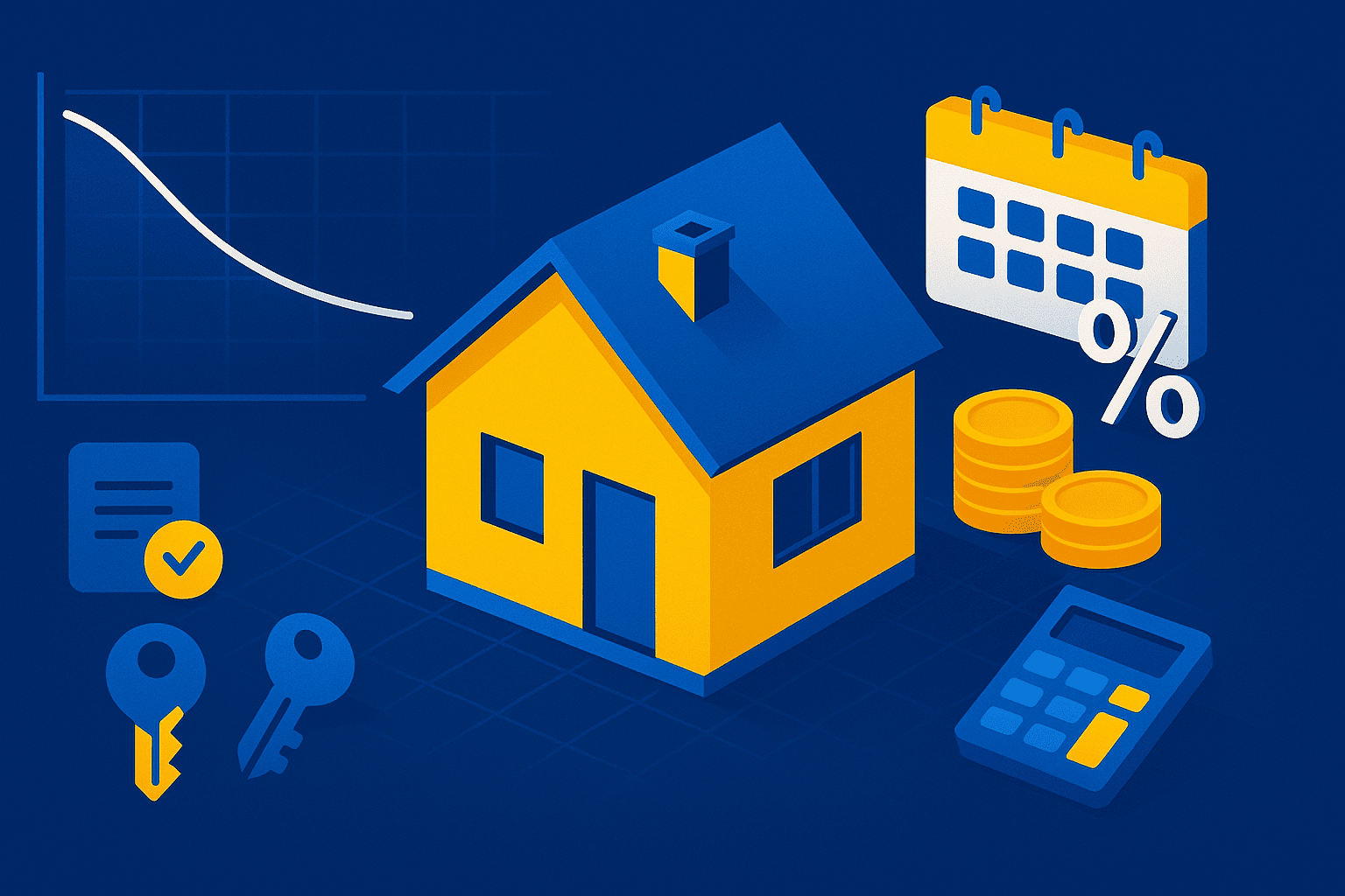 Parcela de R$ 450 mil na CAIXA: casa amarela em fundo azul com curva de amortização, calendário, moedas, porcentagem e calculadora.