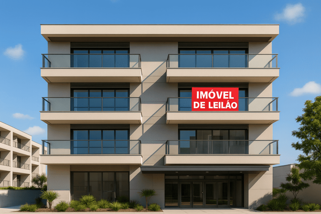 Fachada de edifício residencial contemporâneo, quatro andares, dia ensolarado, sacadas de vidro e entrada envidraçada com marquise; paisagismo tropical baixo; em uma sacada há uma placa vermelha “IMÓVEL DE LEILÃO”.