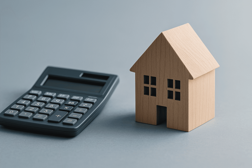 Foto minimalista de calculadora e maquete de casa sobre mesa, tons azul-acinzentados, luz suave, estilo clean e profissional