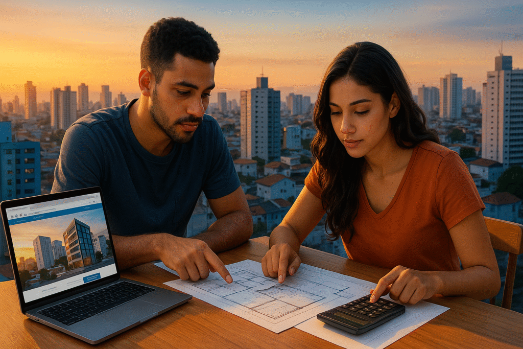 Cenário urbano brasileiro ao pôr do sol, casal jovem analisando plantas e calculadora sobre uma mesa com notebook aberto no site de imóveis, paleta moderna em azuis e laranjas, luz suave, estilo fotorrealista, composição horizontal clean.