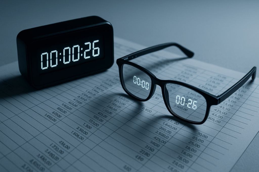 Foto conceitual, ambiente minimalista em tons frios, cronômetro digital em contagem regressiva refletido em óculos sobre uma planilha de cálculos, luz lateral dura, sensação de foco e disciplina, estilo editorial clean