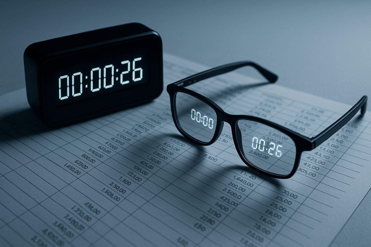 Foto conceitual, ambiente minimalista em tons frios, cronômetro digital em contagem regressiva refletido em óculos sobre uma planilha de cálculos, luz lateral dura, sensação de foco e disciplina, estilo editorial clean