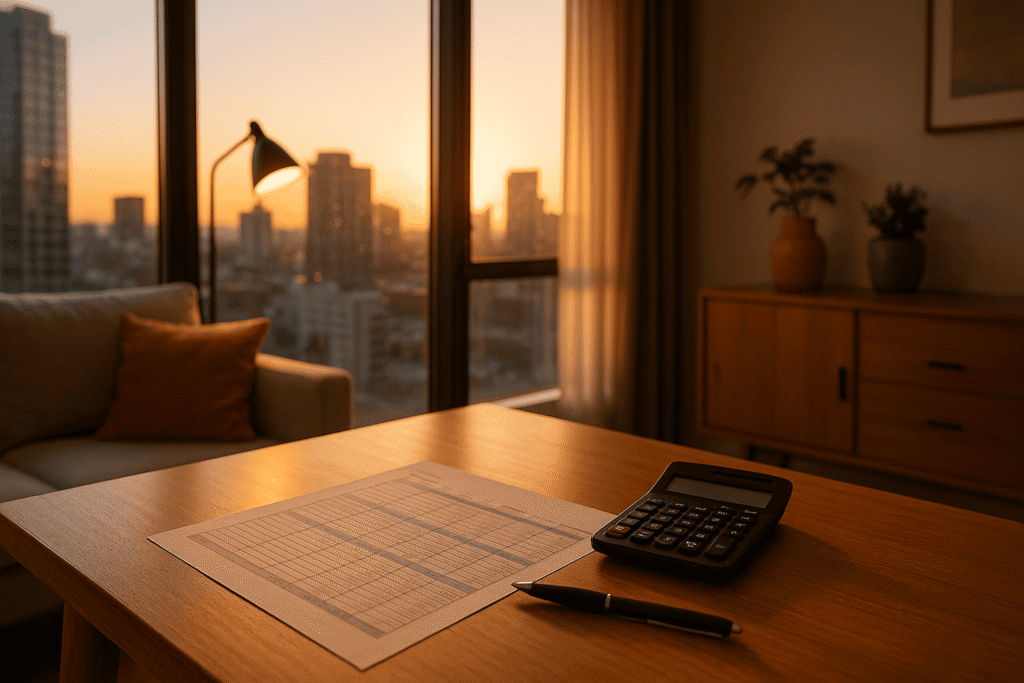 Apartamento contemporâneo iluminado ao entardecer, com vista urbana, tons quentes, foco em mesa com planilha e calculadora; clima de decisão financeira positiva.