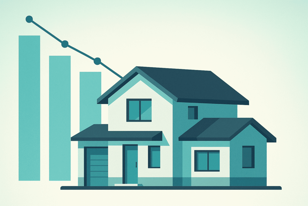 Ilustração minimalista de uma casa contemporânea com gráficos de barras e linhas ao fundo indicando queda de parcelas, paleta azul-turquesa e cinza, estilo flat moderno, luz suave, foco em sensação de planejamento financeiro.
