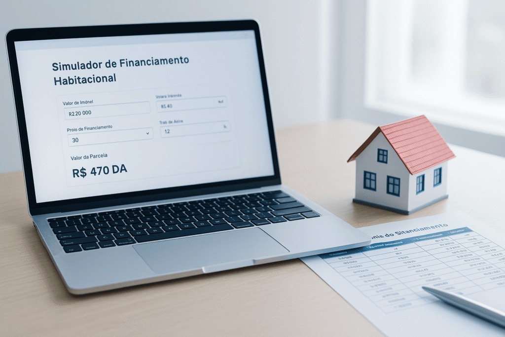 Cálculo de financiamento habitacional no Brasil em 2025: cena clean com notebook aberto em simulador de financiamento, planilha com parcelas e uma miniatura de casa sobre a mesa; luz natural, tons azuis e brancos, estilo editorial, foco em clareza e organização.