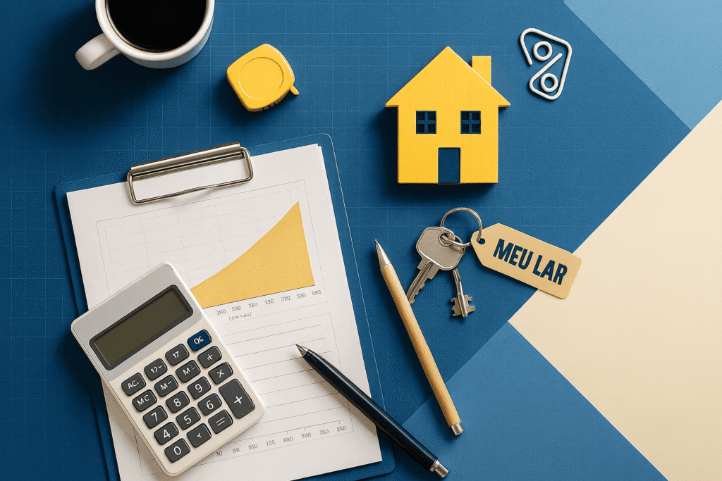 Elementos de financiamento: casa amarela, chaves com tag “MEU LAR” e gráfico crescente, sugerindo cálculo de parcelas da CAIXA.