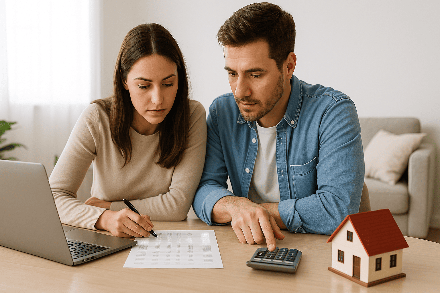 Foto de um casal analisando planilha e notebook sobre mesa, com miniatura de casa e calculadora ao lado; ambiente claro, estilo contemporâneo; foco em planejamento financeiro doméstico.