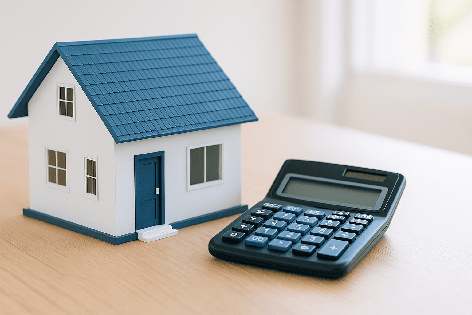 Capa minimalista mostrando uma casa moderna e uma calculadora sobre uma mesa de madeira clara; luz natural, estilo editorial, cores azul e branco, vibe de planejamento financeiro.