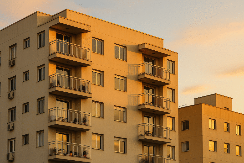 Foto realista de fachada de prédio residencial brasileiro ao entardecer, tons quentes, leve profundidade de campo, foco em sacadas e janelas, céu suave, composição limpa, estilo editorial imobiliário.