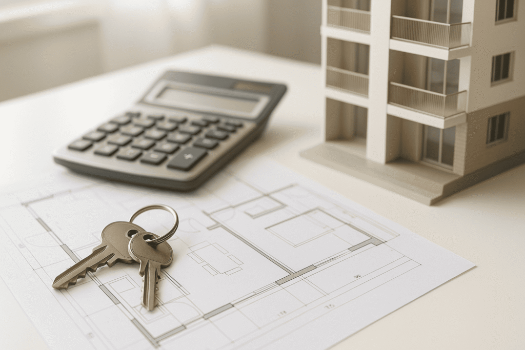 Foto realista de chaves sobre planta arquitetônica, calculadora moderna e maquete de apartamento, luz natural, tons neutros, estética clean, foco em crédito imobiliário no Brasil.