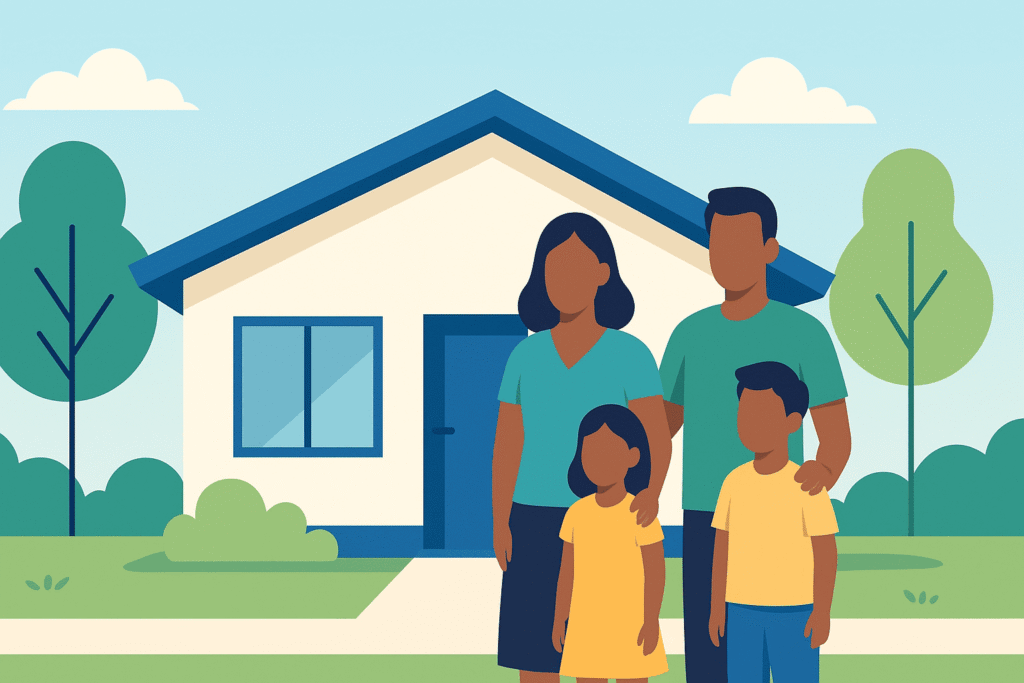 Ilustração clean de família diante de casa popular moderna, tons azul e verde, estilo flat minimalista, céu claro, árvores, vibe positiva, composição central, 1200x630.