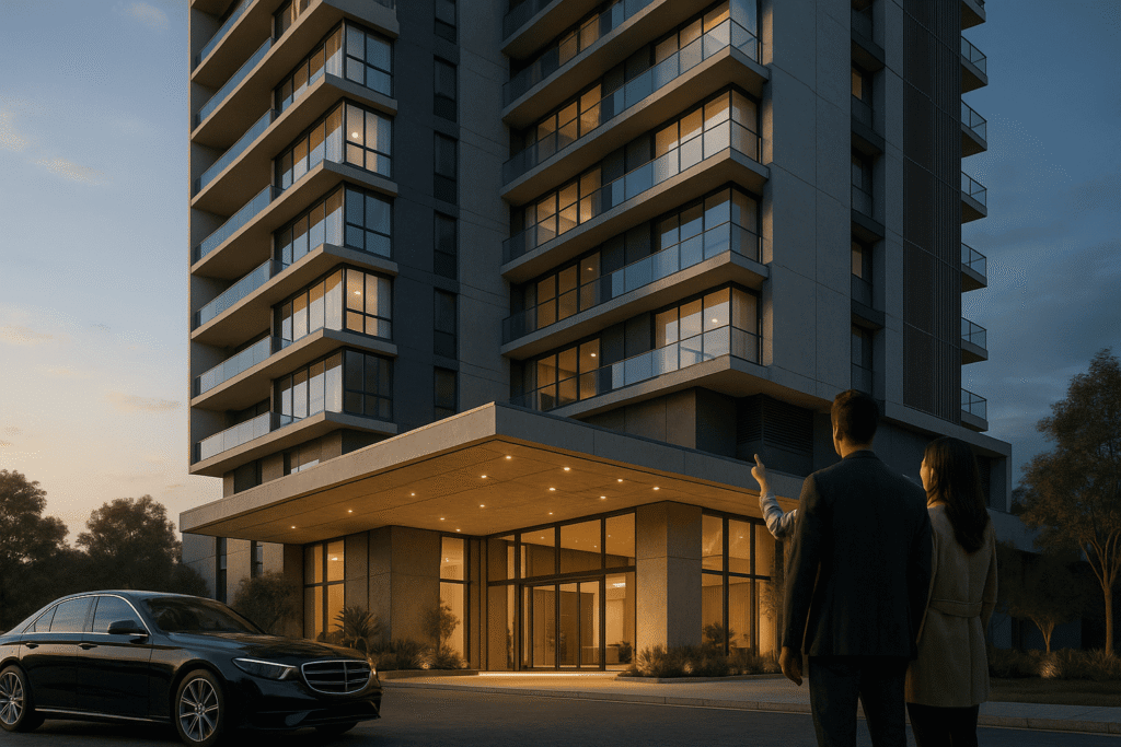 Render 3D estilo ArchViz mostra edifício residencial alto com marquise iluminada; casal de costas aponta para apartamento em andar alto; carro de luxo preto estacionado; luz de golden hour e ângulo baixo destacam a imponência.