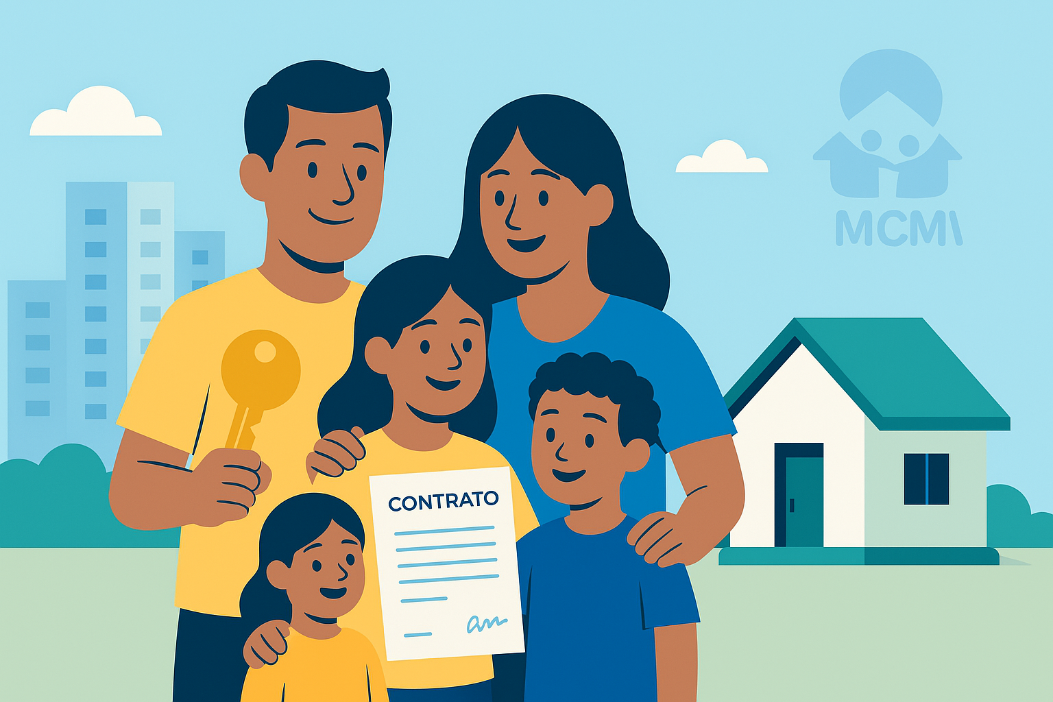 “Ilustração vetorial limpa, paleta azul e amarelo, família brasileira (três ou quatro pessoas) no centro segurando contrato e chave, ao lado de uma casinha com telhado verde e prédios ao fundo; símbolo MCMV minimalista (casa + pessoas) no canto em marca d’água suave; céu claro, estilo flat, sombras suaves