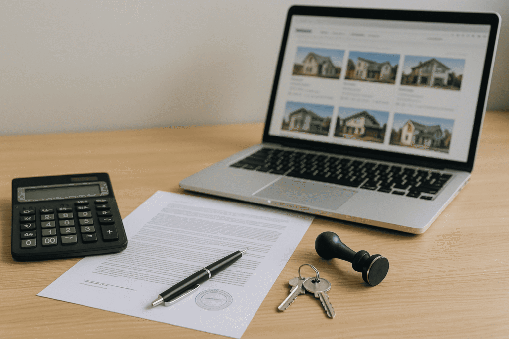 Mesa de madeira clara com calculadora, contrato carimbado, caneta, chaves e carimbo de cartório ao lado de notebook com listagem genérica de imóveis, iluminados por luz natural lateral.