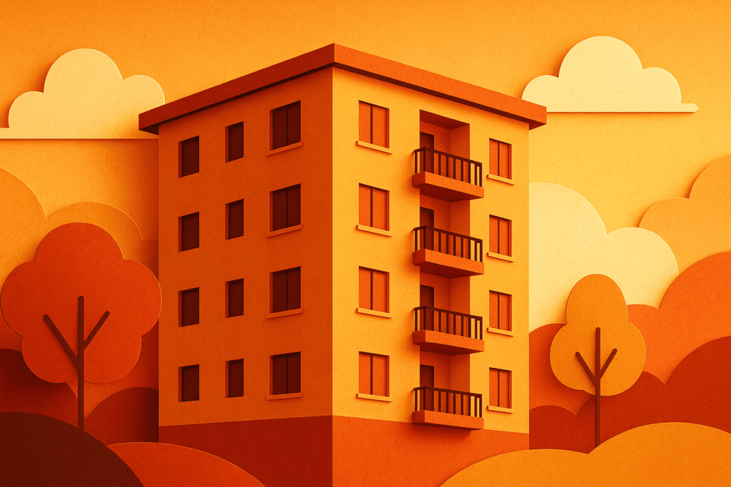 estilo paper-cut digital, prédio residencial brasileiro com varandas, camadas de papel colorido em tons quentes, luz de entardecer criando sombras recortadas, nuvens arredondadas, árvores simplificadas, bordas com leve relevo, sensação de oportunidade e acolhimento, sem texto, acabamento elegante.