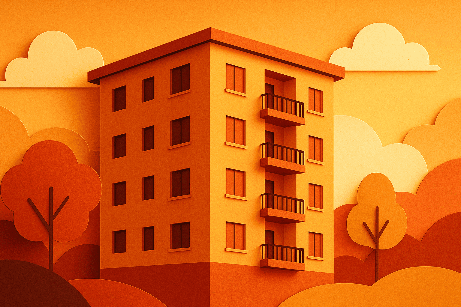 estilo paper-cut digital, prédio residencial brasileiro com varandas, camadas de papel colorido em tons quentes, luz de entardecer criando sombras recortadas, nuvens arredondadas, árvores simplificadas, bordas com leve relevo, sensação de oportunidade e acolhimento, sem texto, acabamento elegante.