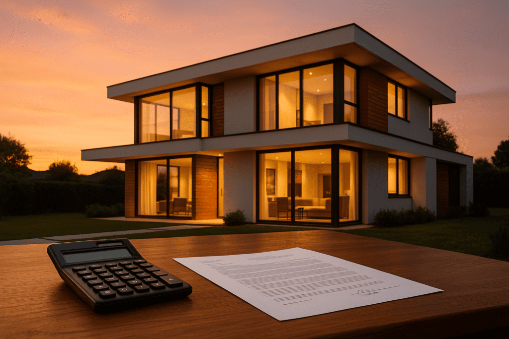 Foto realista de casa contemporânea de alto padrão ao pôr do sol, cores quentes, calculadora e contrato sobre mesa de madeira, estilo editorial clean, iluminação suave, profundidade de campo leve
