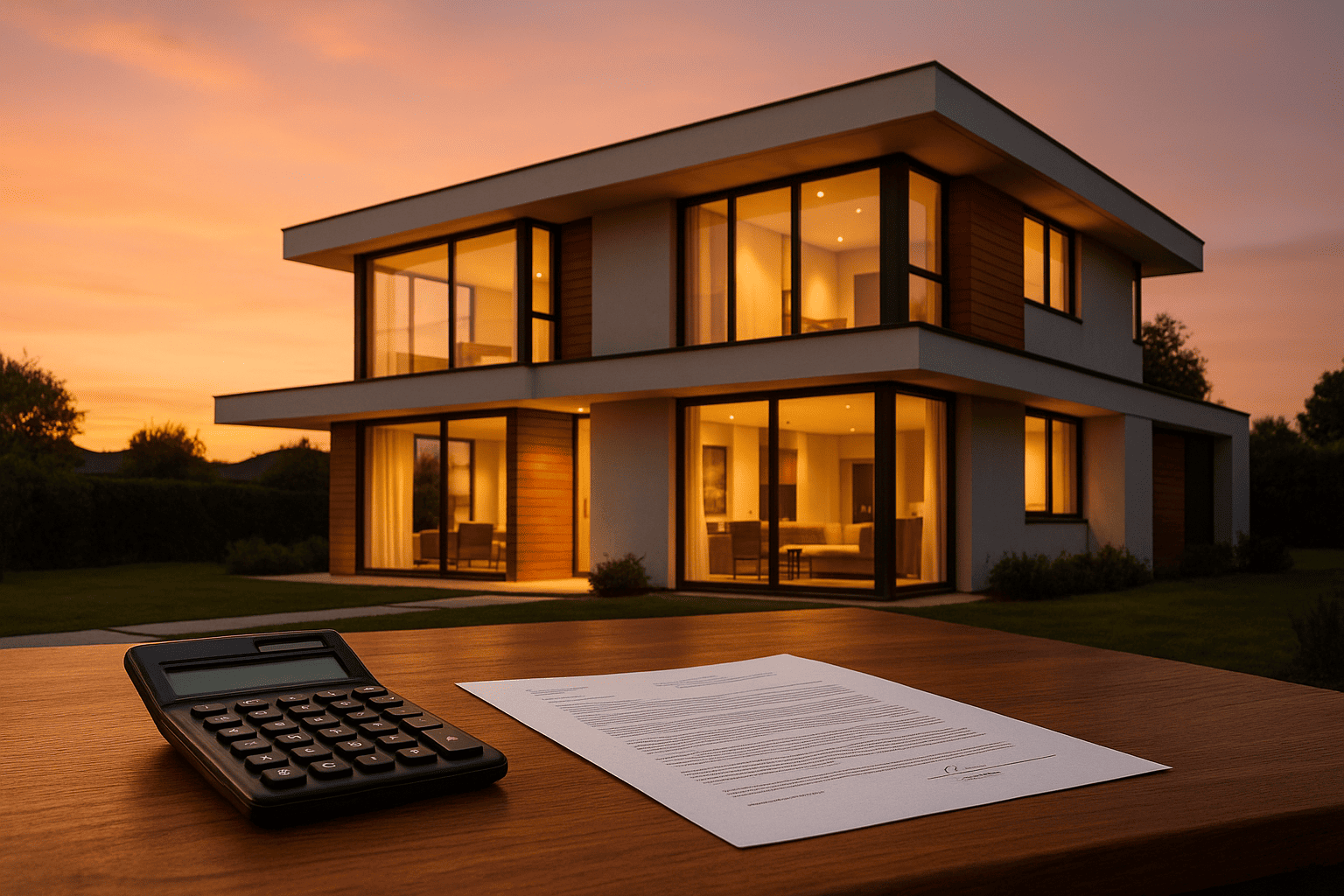 Foto realista de casa contemporânea de alto padrão ao pôr do sol, cores quentes, calculadora e contrato sobre mesa de madeira, estilo editorial clean, iluminação suave, profundidade de campo leve