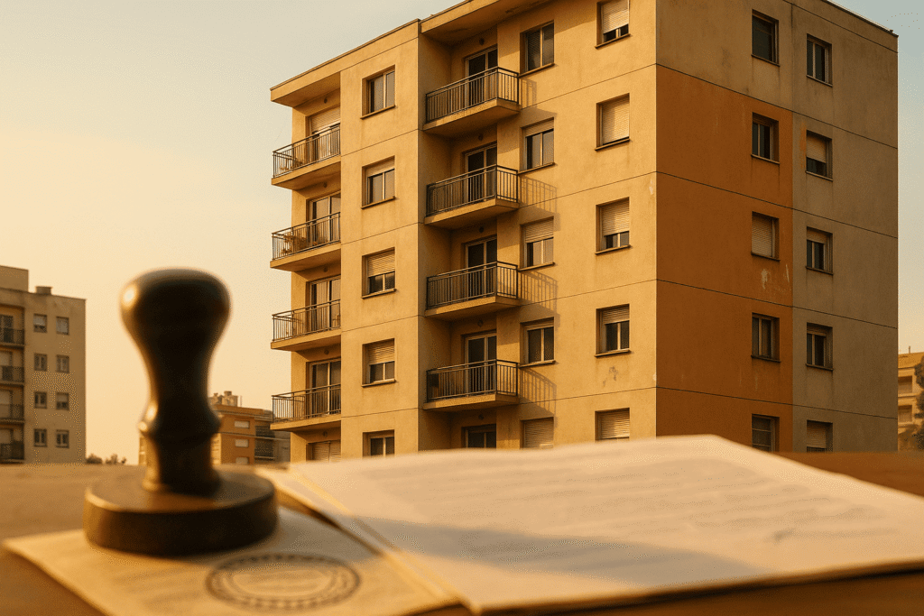 Foto de fachada de prédio residencial brasileiro com aparência de uso, luz de fim de tarde, tom realista, com elementos sutis de burocracia (carimbo e papelada desfocados na frente), cores quentes, composição limpa, foco em ‘compra de imóvel em leilão