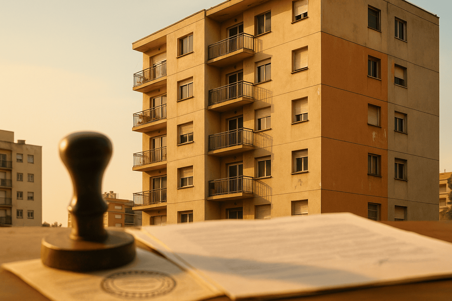 Foto de fachada de prédio residencial brasileiro com aparência de uso, luz de fim de tarde, tom realista, com elementos sutis de burocracia (carimbo e papelada desfocados na frente), cores quentes, composição limpa, foco em ‘compra de imóvel em leilão