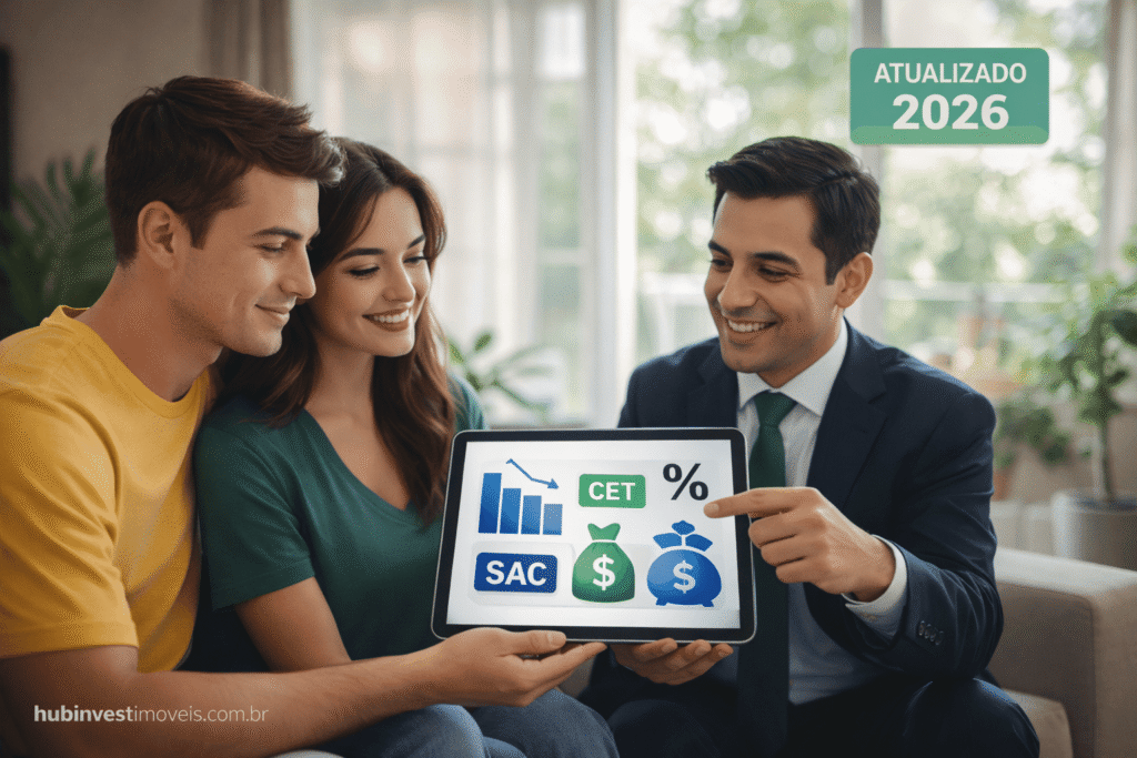 Foto realista, luz natural suave, corretor de imóveis brasileiro mostrando um tablet a um casal jovem em um apartamento iluminado.