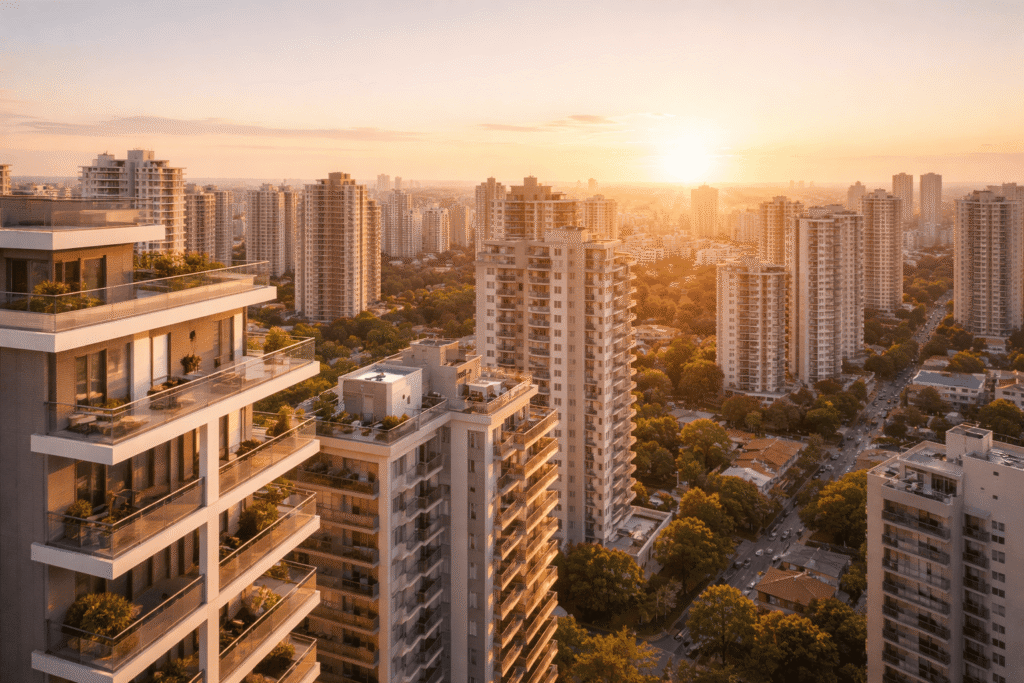 Foto aérea urbana com prédios residenciais modernos ao pôr do sol; paleta quente, foco em varandas, sensação de oportunidade; estilo editorial clean; espaço negativo no topo.