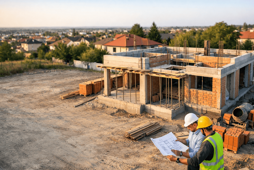 Foto aérea, casa unifamiliar moderna em construção num lote urbano regularizado, fundação e alvenaria visíveis, engenheiros com capacetes analisando a planta