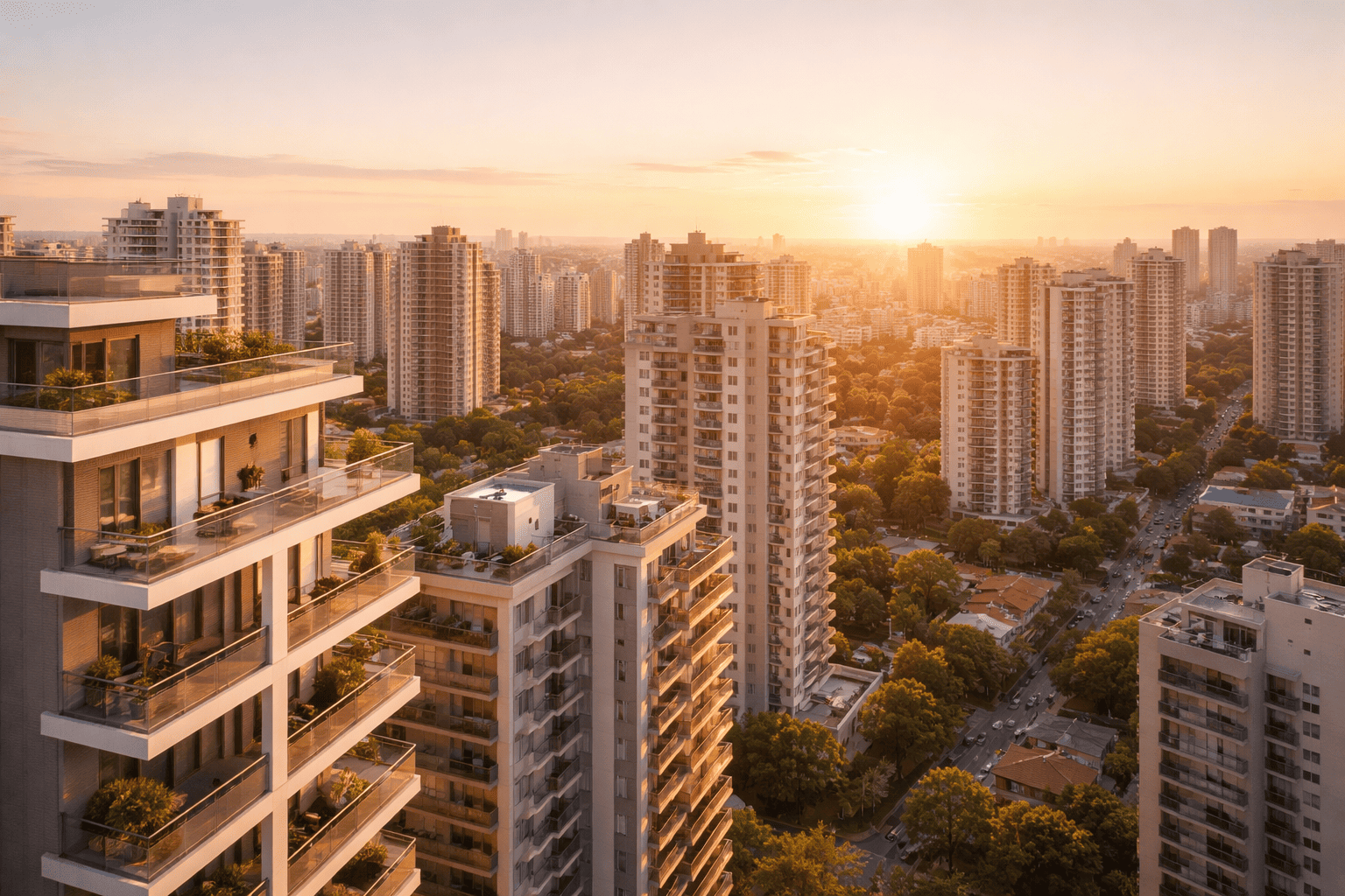 Foto aérea urbana com prédios residenciais modernos ao pôr do sol; paleta quente, foco em varandas, sensação de oportunidade; estilo editorial clean; espaço negativo no topo.