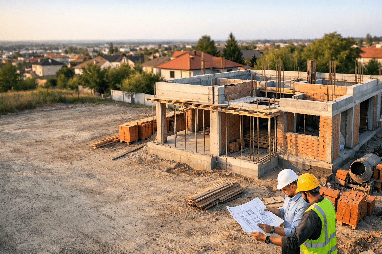 Foto aérea, 1200x600, casa unifamiliar moderna em construção num lote urbano regularizado, fundação e alvenaria visíveis, engenheiros com capacetes analisando a planta