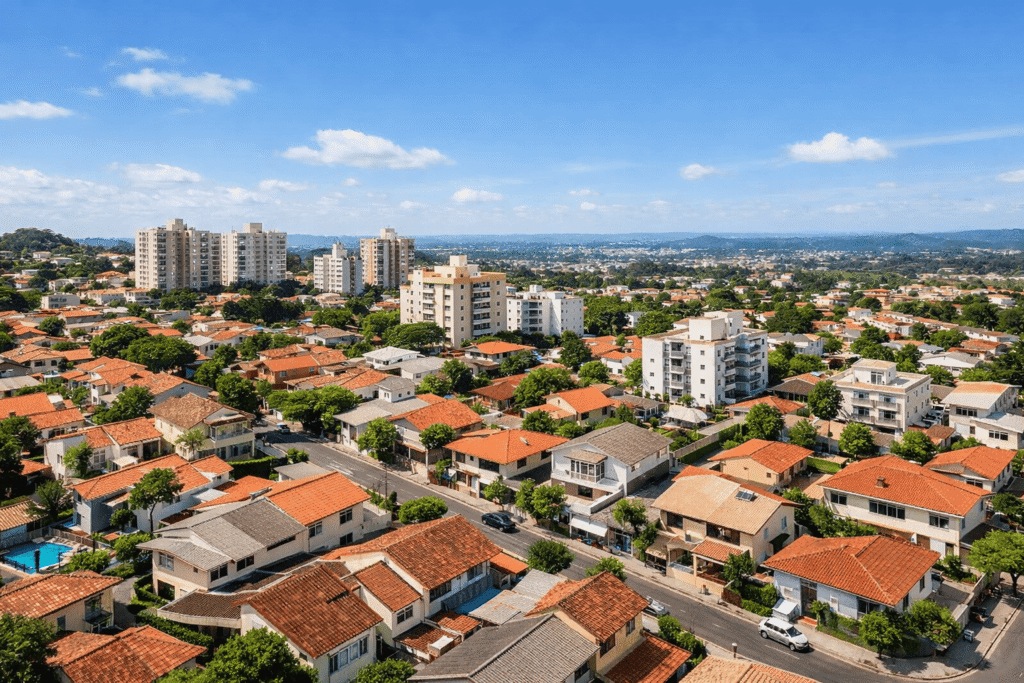 Foto aérea nítida de bairros residenciais brasileiros mistos (casas e prédios baixos), cores naturais, céu limpo, sensação de oportunidade e organização, estilo editorial moderno.