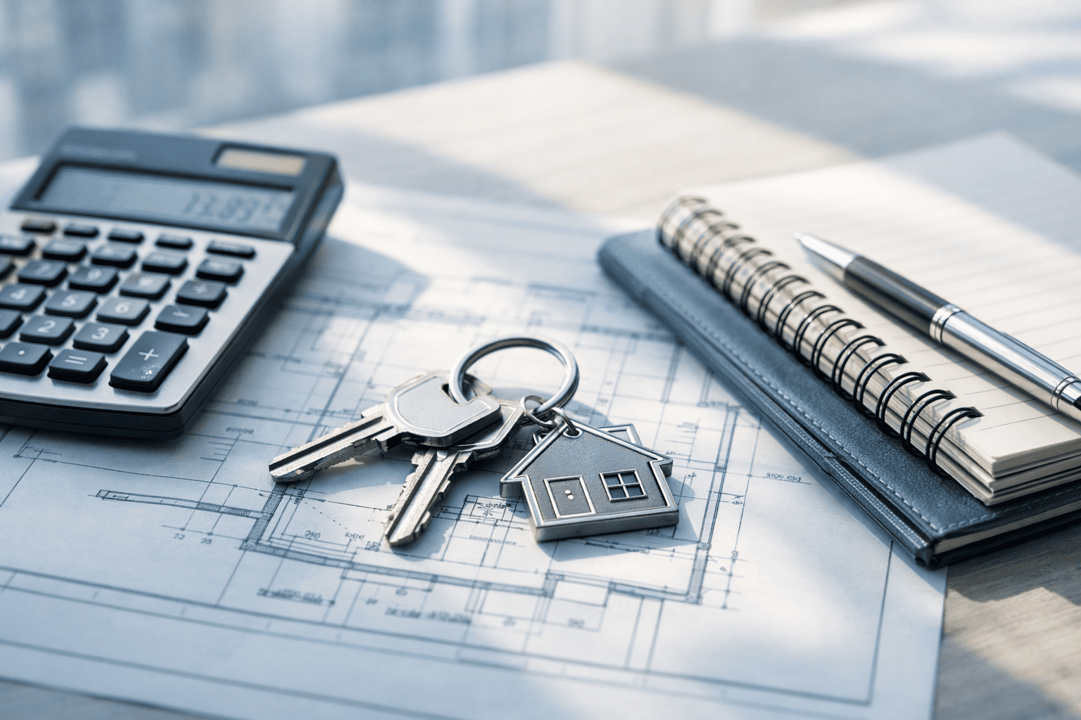 Foto realista de chaves sobre planta arquitetônica com calculadora e caderno, luz natural de manhã, paleta azul e cinza, estilo editorial clean, foco nítido