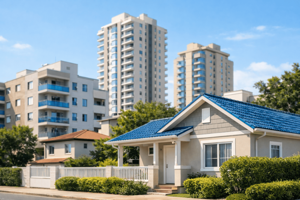 Foto de fachada urbana com prédios residenciais e uma casa à frente; clima ensolarado; estilo editorial; cores neutras e detalhes em azul; profundidade de campo leve; sensação de oportunidade e segurança.