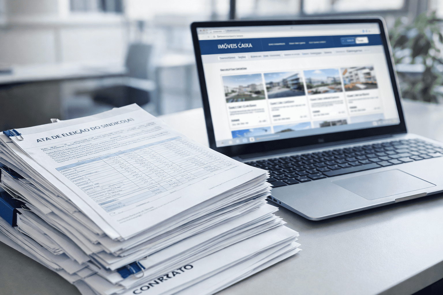 Pilha organizada de documentos de condomínio (atas, planilhas e contrato) em mesa de escritório moderna, ao lado de notebook aberto com portal de imóveis no navegador; luz natural, estilo editorial, tons neutros e azul, foco nítido.