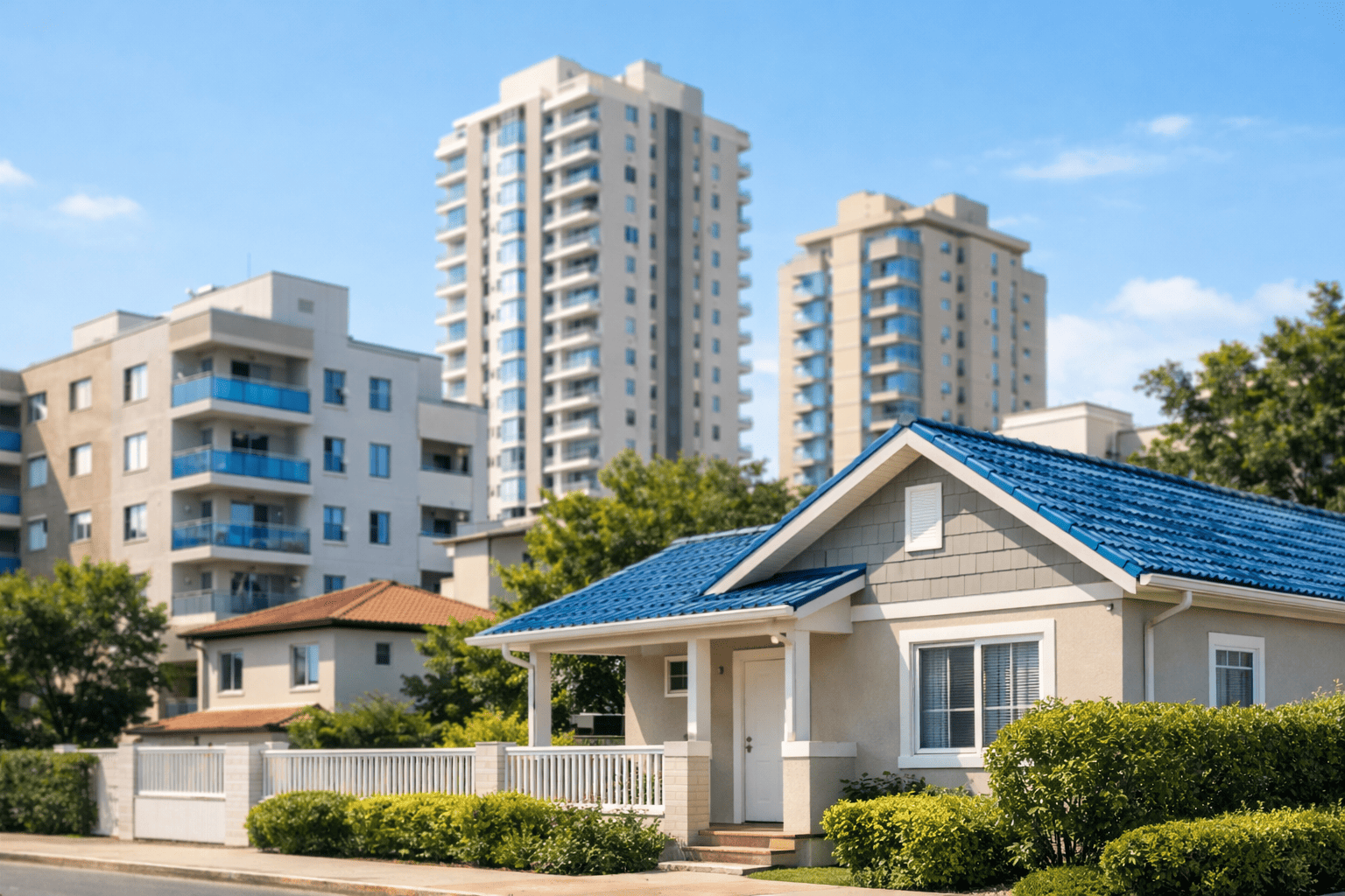 Foto de fachada urbana com prédios residenciais e uma casa à frente; clima ensolarado; estilo editorial; cores neutras e detalhes em azul; profundidade de campo leve; sensação de oportunidade e segurança.