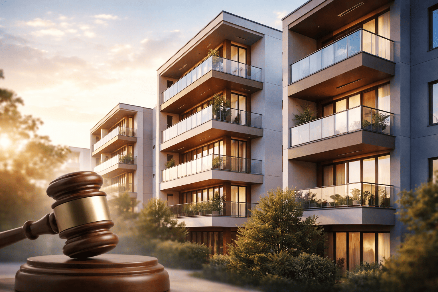 Foto de fachada de prédio residencial contemporâneo com luz suave de fim de tarde; sobreposição leve de um gavel de leilão desfocado ao fundo; estilo editorial clean.