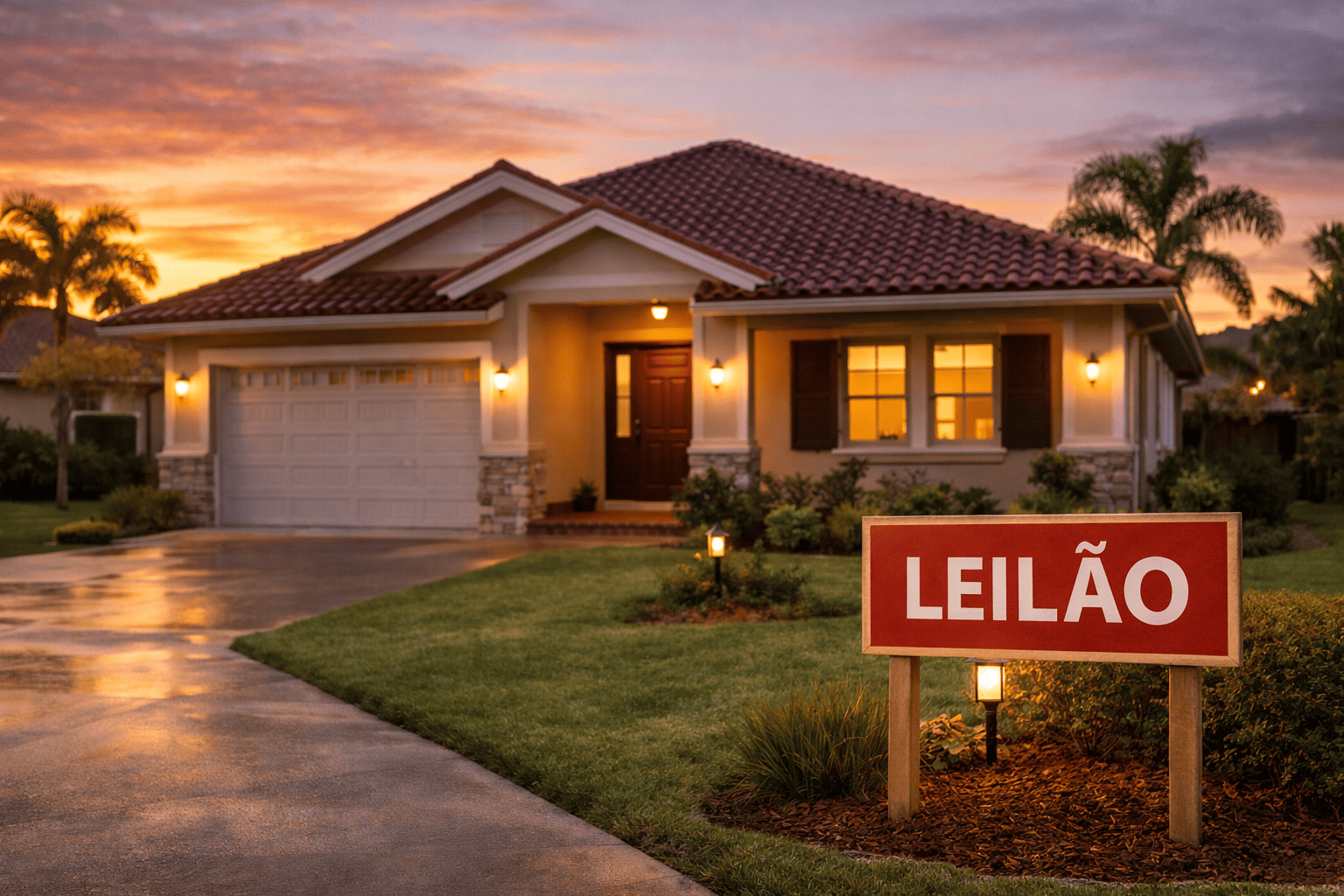 Casa urbana, estilo brasileira, vista frontal ao entardecer, placa de “leilão” discreta no jardim, estilo fotográfico realista, tons quentes, sensação de urgência e oportunidade, profundidade de campo suave, composição simétrica.