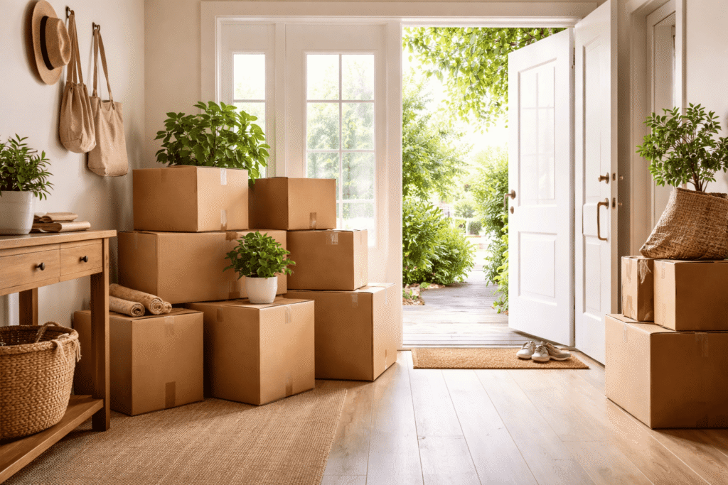 Foto de hall de entrada residencial com caixas de mudança empilhadas, porta aberta iluminada por luz natural, clima de transição positiva; composição clean, tons quentes, estilo editorial imobiliário.