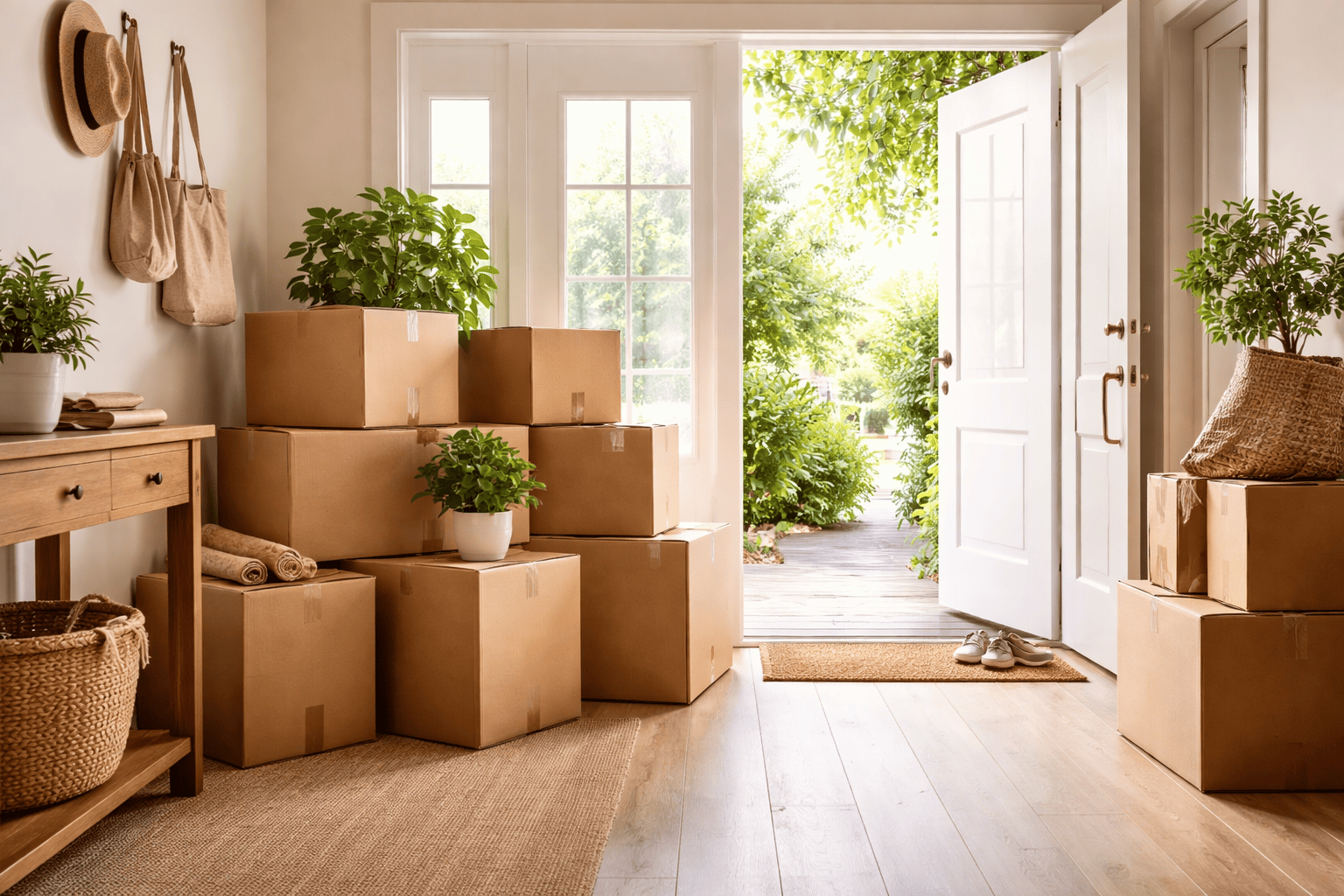 Foto de hall de entrada residencial com caixas de mudança empilhadas, porta aberta iluminada por luz natural, clima de transição positiva; composição clean, tons quentes, estilo editorial imobiliário.